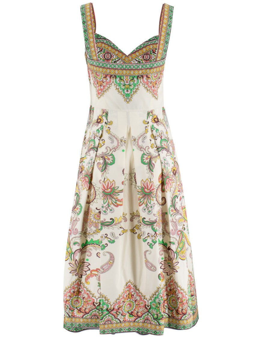 Etro Paisley Print Midi Dress With Sweetheart Neckline And Pleated Skirt