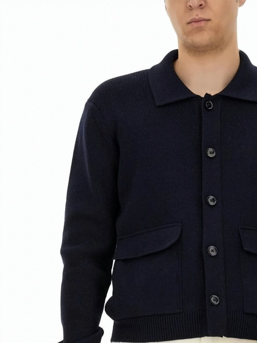 Tom Ford Navy Knit Cardigan With Ribbed Hem And Classic Collar
