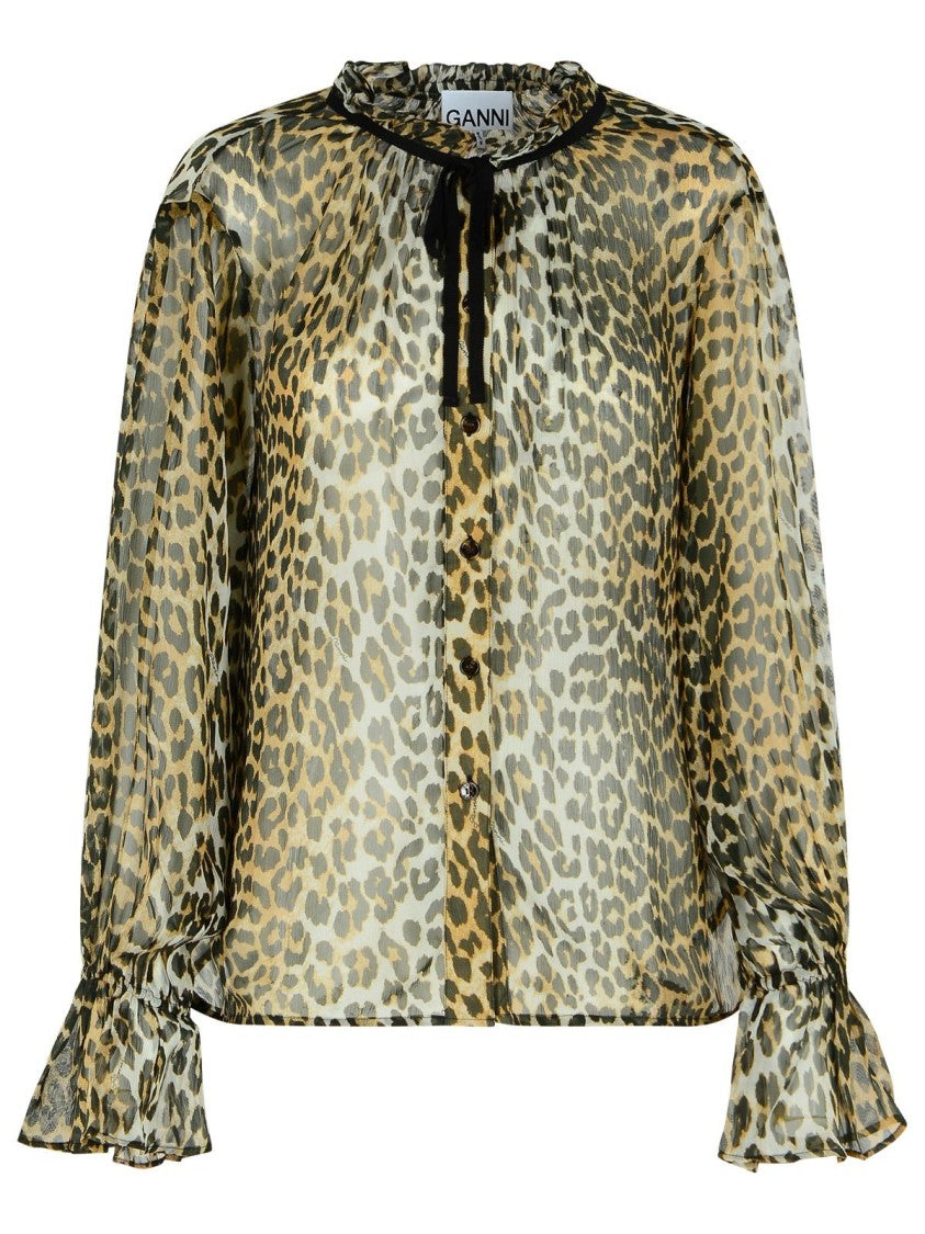 Ganni Leopard Print Viscose Shirt With Flared Hem