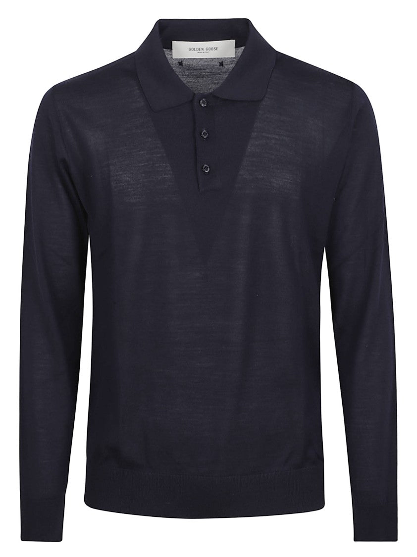 Golden Goose Navy Blue Virgin Wool Polo Sweater