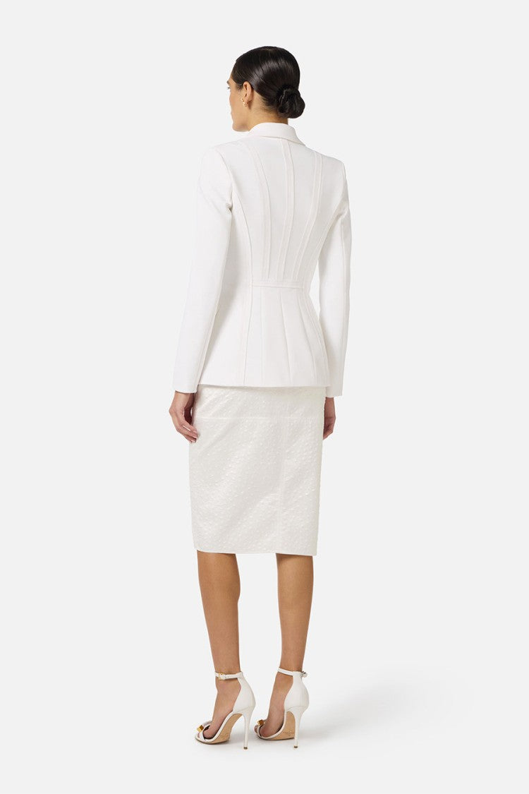 Elisabetta Franchi Ivory Peak Lapel Single-Button Raw-Edge Polyester-Blend Blazer