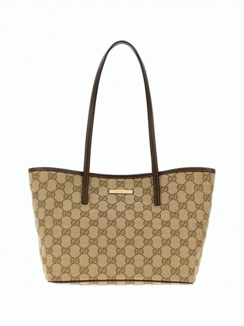 Gucci Rectangular Canvas Tote Bag With Monogram Pattern And Metallic Plaque
