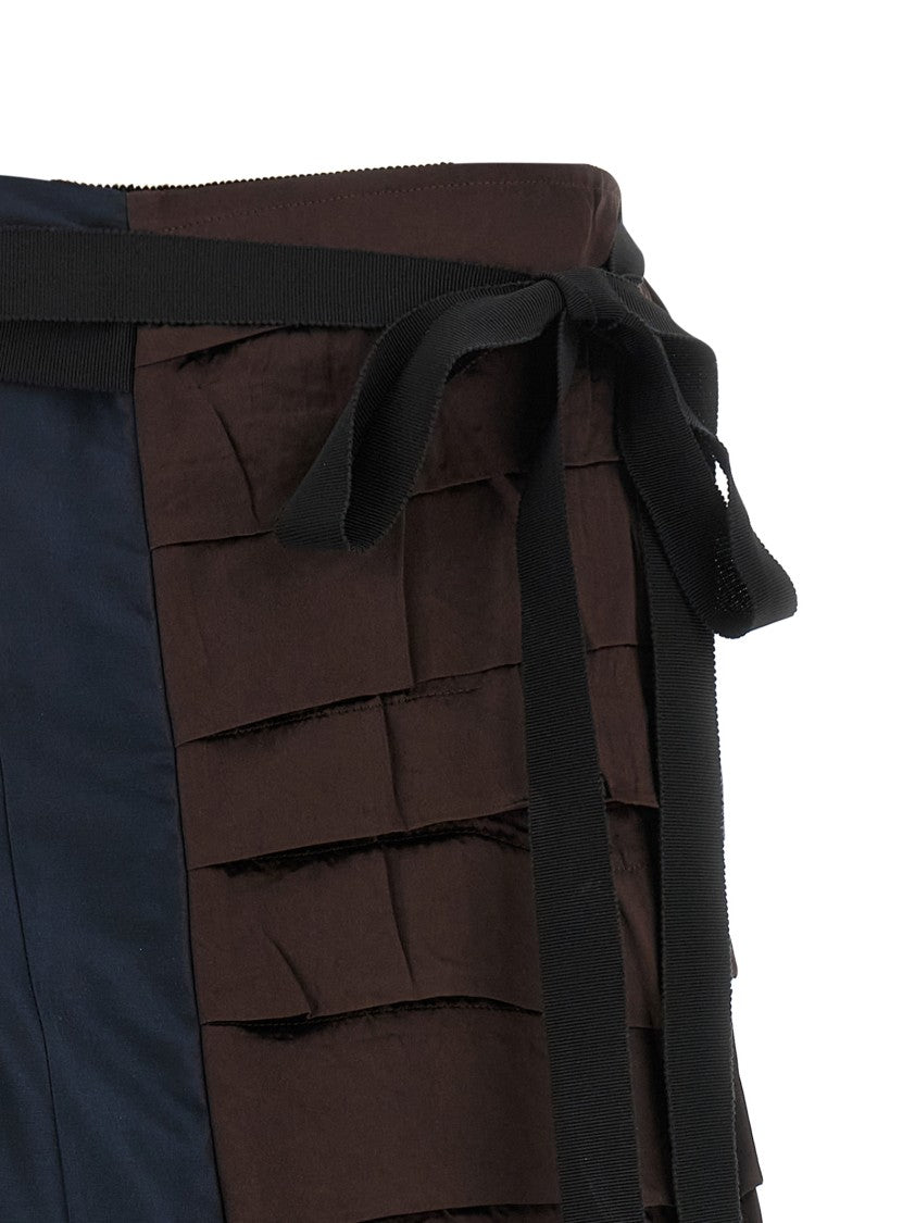 Prada Asymmetrical Patchwork Skirt With Ruffle Details And Grosgrain Tie