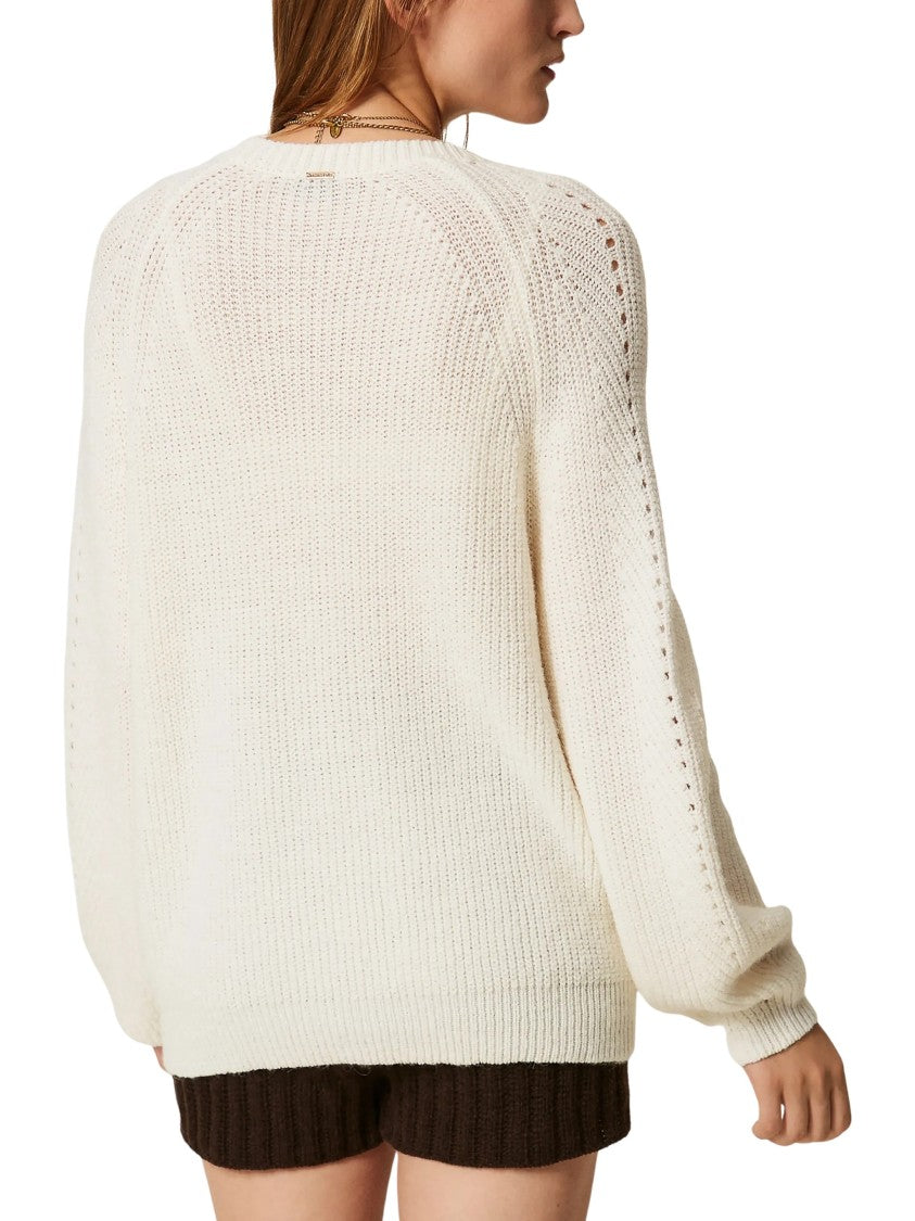 Twin-Set Off-White Crochet Floral Appliqué Acrylic-Blend Cardigan