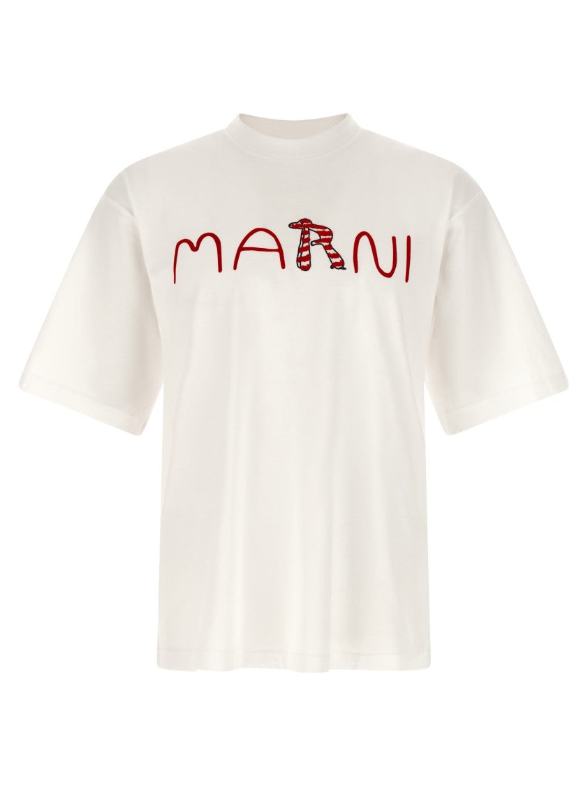 Marni Cotton Crewneck T-Shirt With Velvet Flocked Logo
