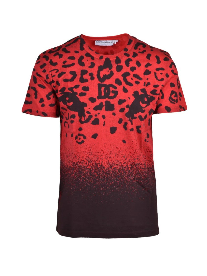 Dolce & Gabbana Red Gradient Bold Leopard Print Cotton T-Shirt