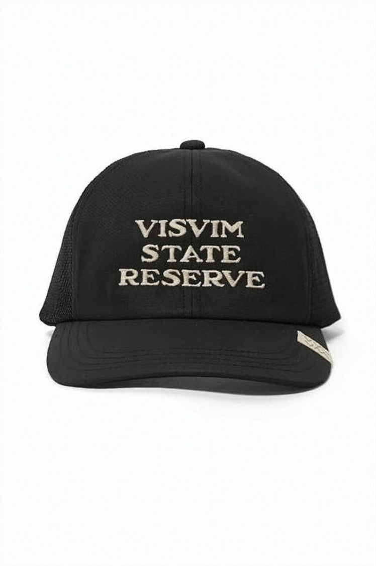 Visvim Structured Black Cap With Embroidered Text And Mesh Back
