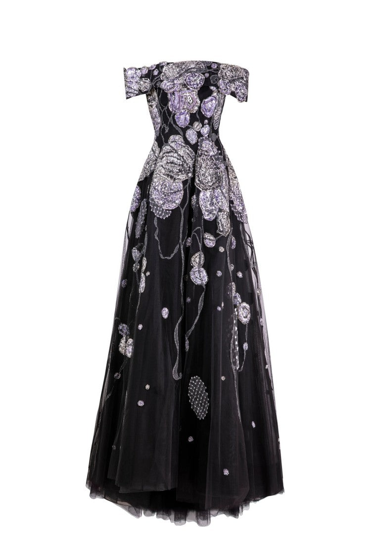 Saiid Kobeisy Off-Shoulder Beaded Tulle Dress