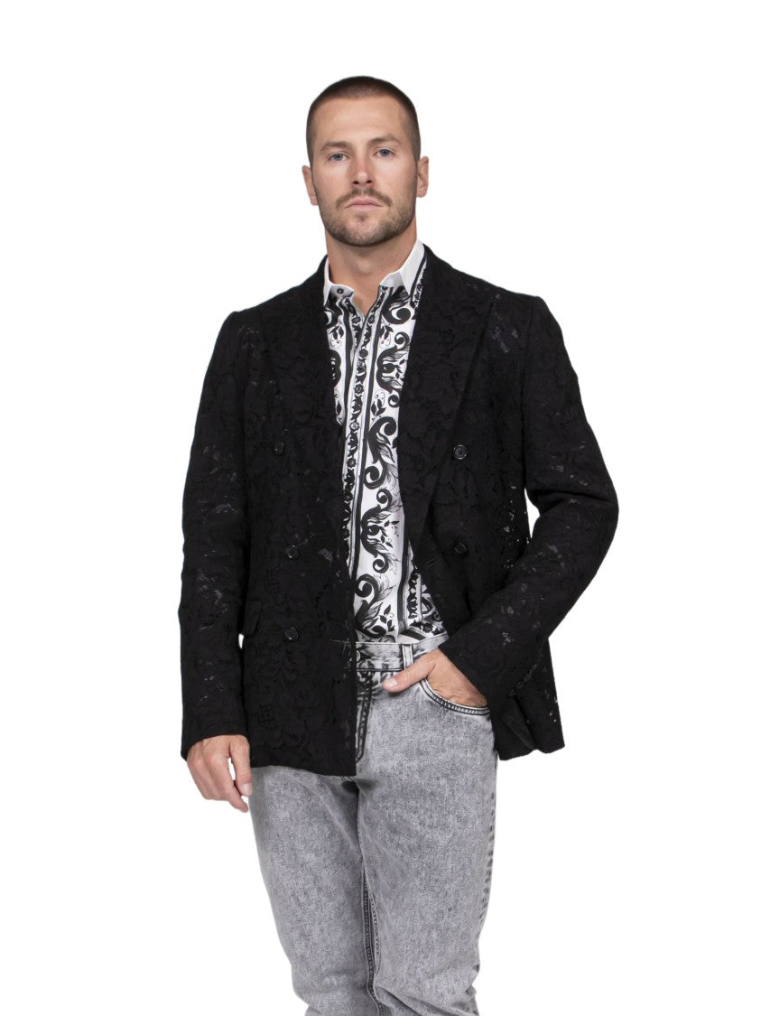Dolce & Gabbana Black Lace Overlay Double-Breasted Tailored Jacket