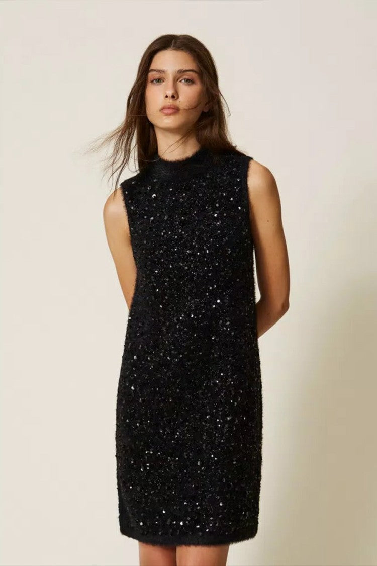 Twin-Set Black Sparkling Sleeveless Mock-Neck Mini Dress