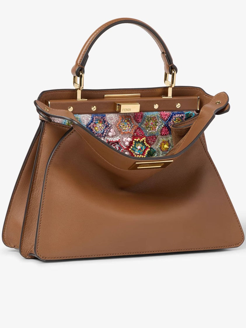 Fendi Structured Calf Leather Handbag With Beaded Flap And Gold-Tone Hardware