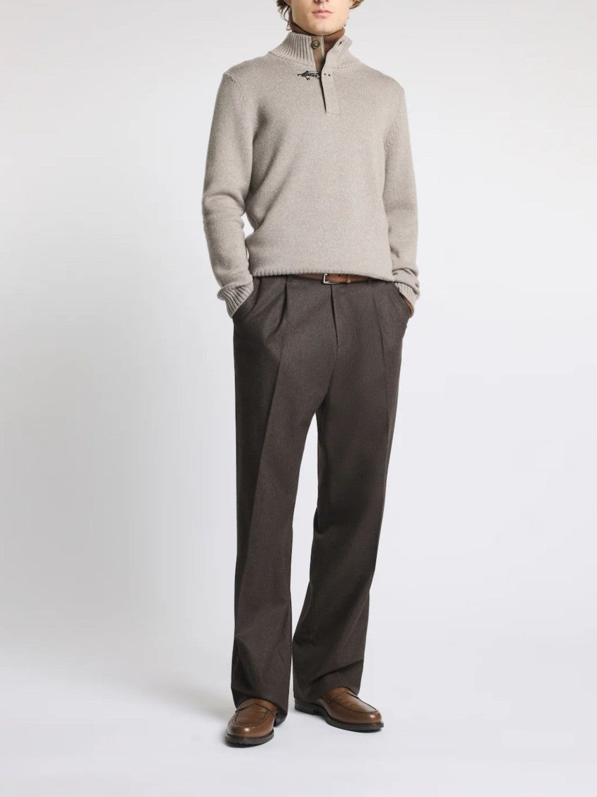 Fay Ribbed Turtleneck Sweater With Button Closure And Suede Accents
