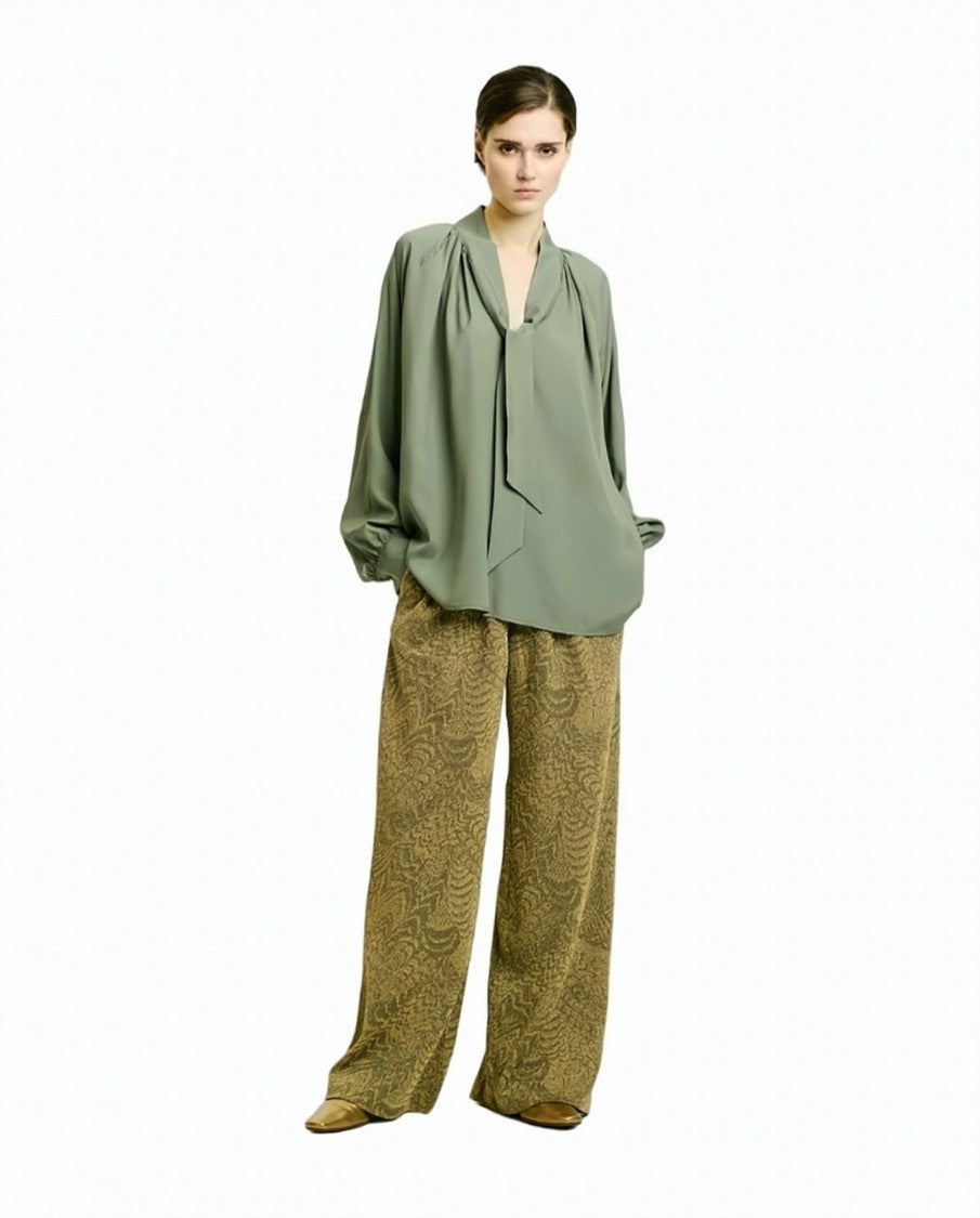 Momonì Oversized Viscose Georgette Gathered V-Neck Blouse