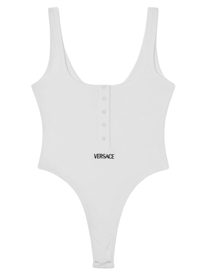 Versace Ribbed Stretch Cotton Bodysuit With Logo Embroidery