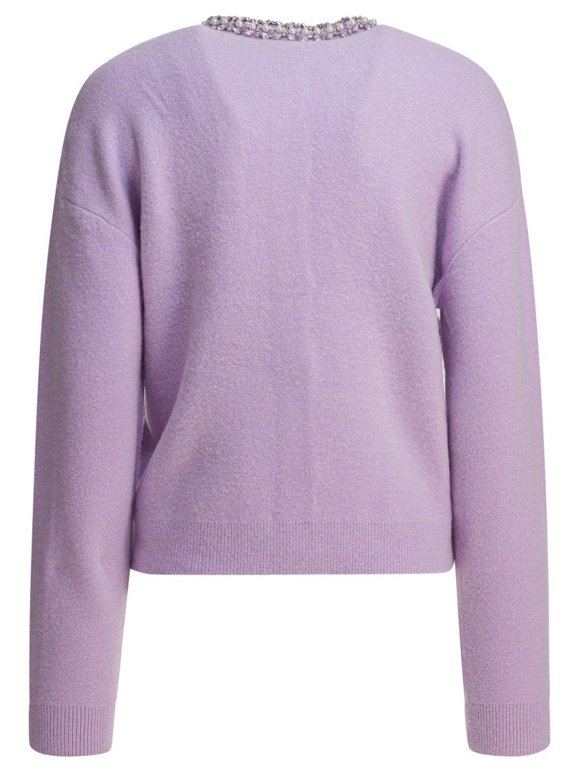 Self-Portrait Lilac Crystal-Trim Cardigan With Round Neckline