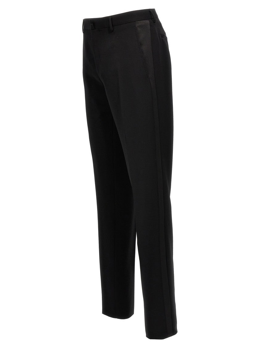 Lanvin Tailored Black Wool Tuxedo Pants With Satin Side Bands
