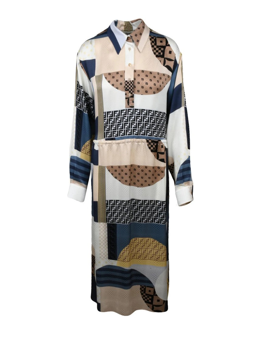 Fendi Long Silk Dress With Drawstring - Multicolor