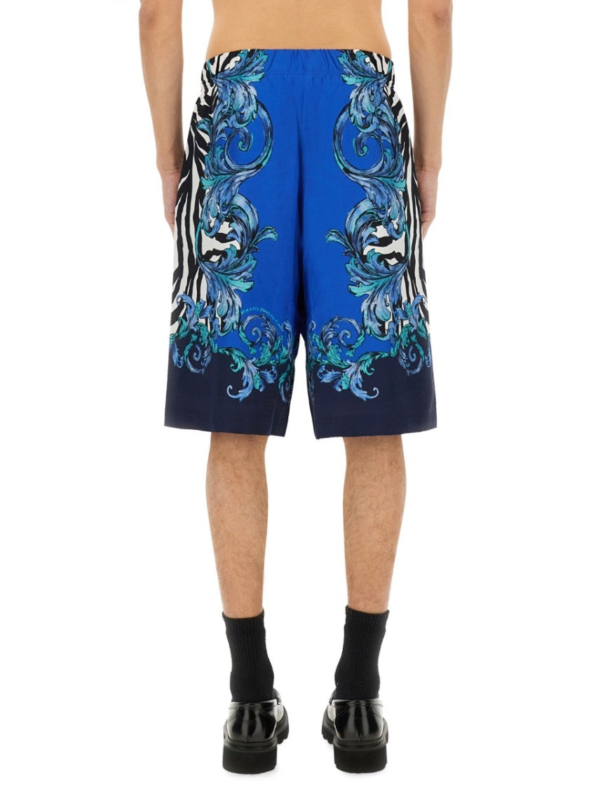 Versace Jeans Couture Blue Viscose Shorts With Intricate Patterns