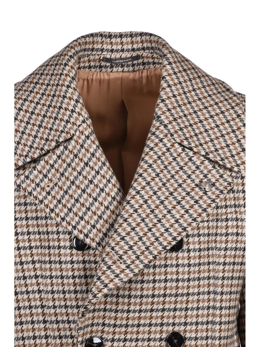 Gabriele Pasini Beige/Brown Double-Breasted Houndstooth Wool Coat