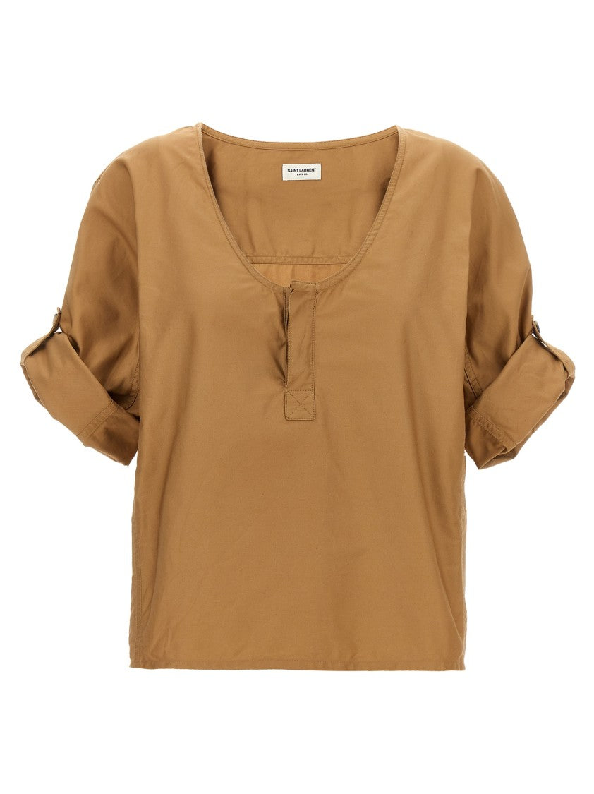 Saint Laurent Brown Twill Blouse With Wide Neck And Adjustable Sleeves