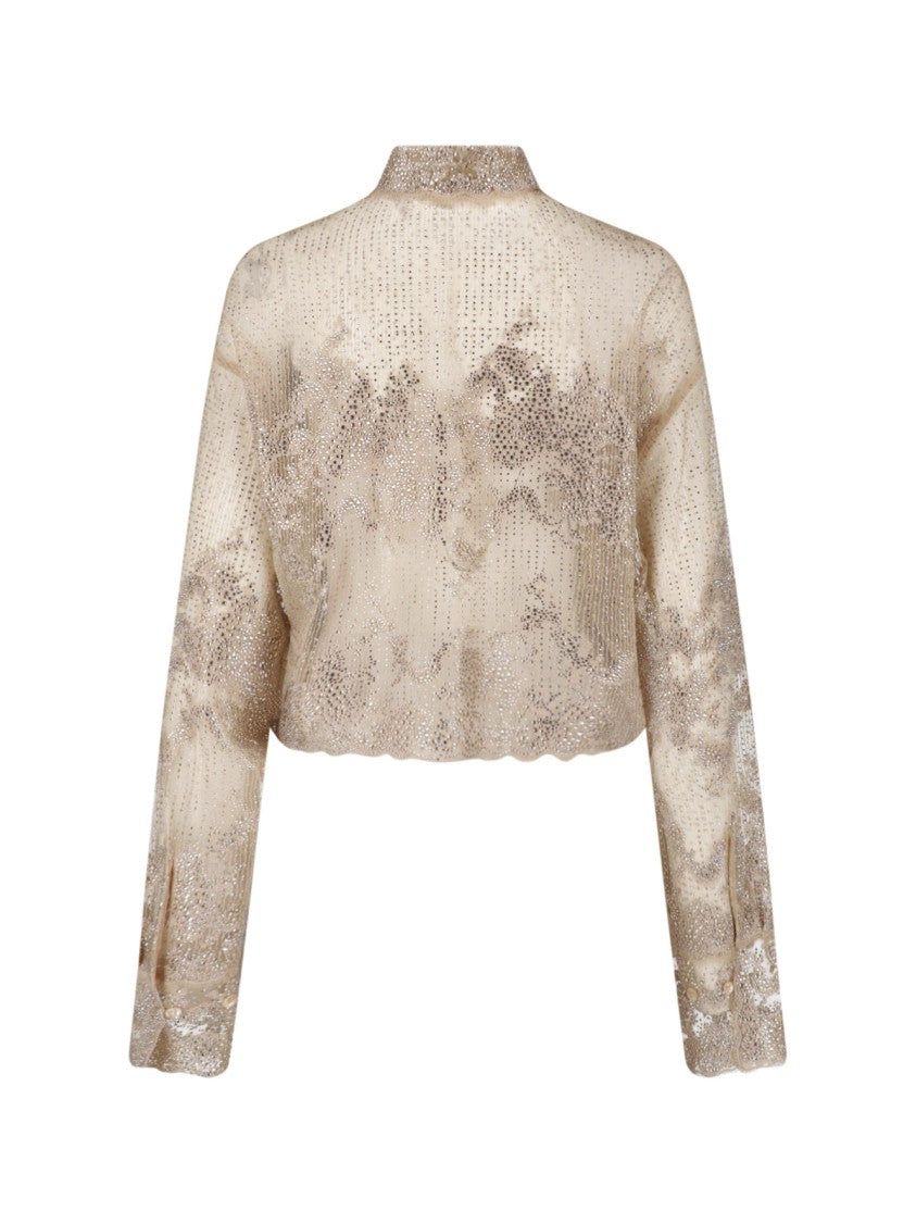 Ermanno Scervino Beige Lace Rhinestone Classic Collar Shirt