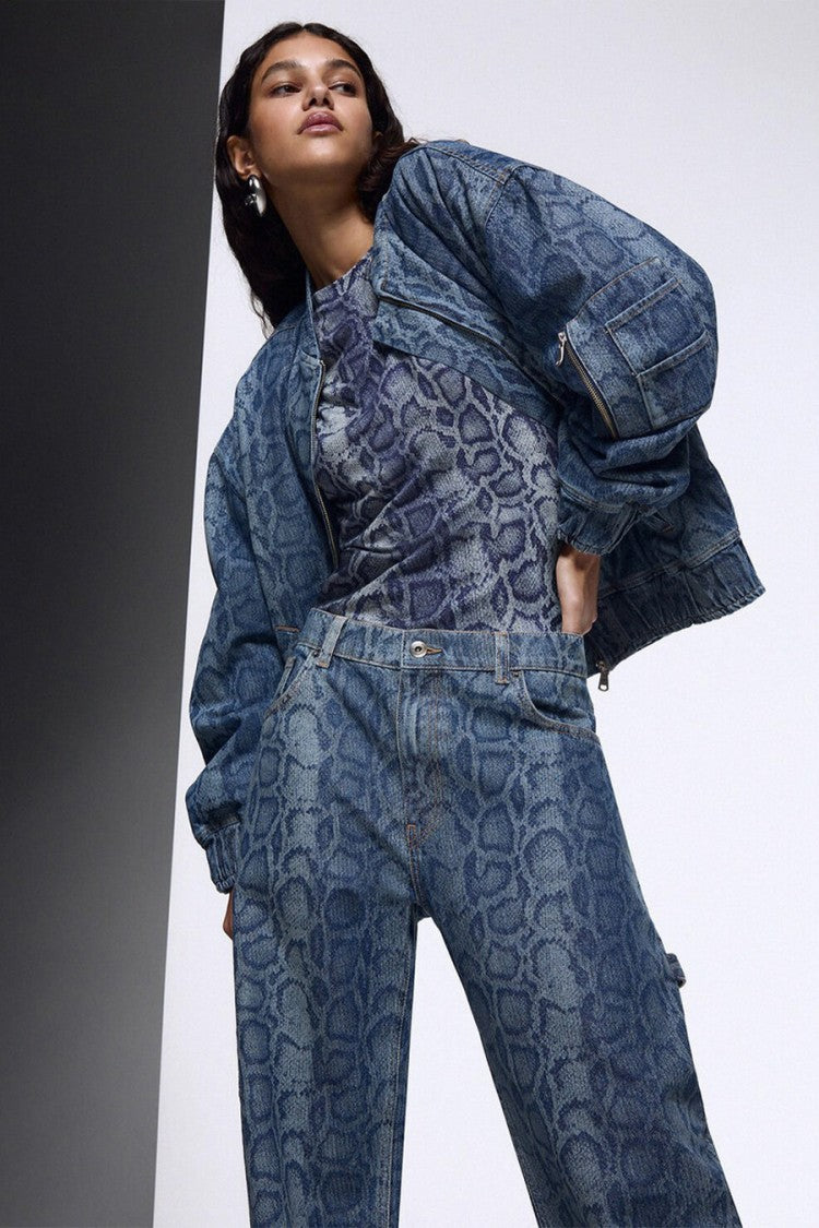 Liu Jo X Capsule 1 Elodie Blue Snake-Print Utility Barrel-Leg Jeans