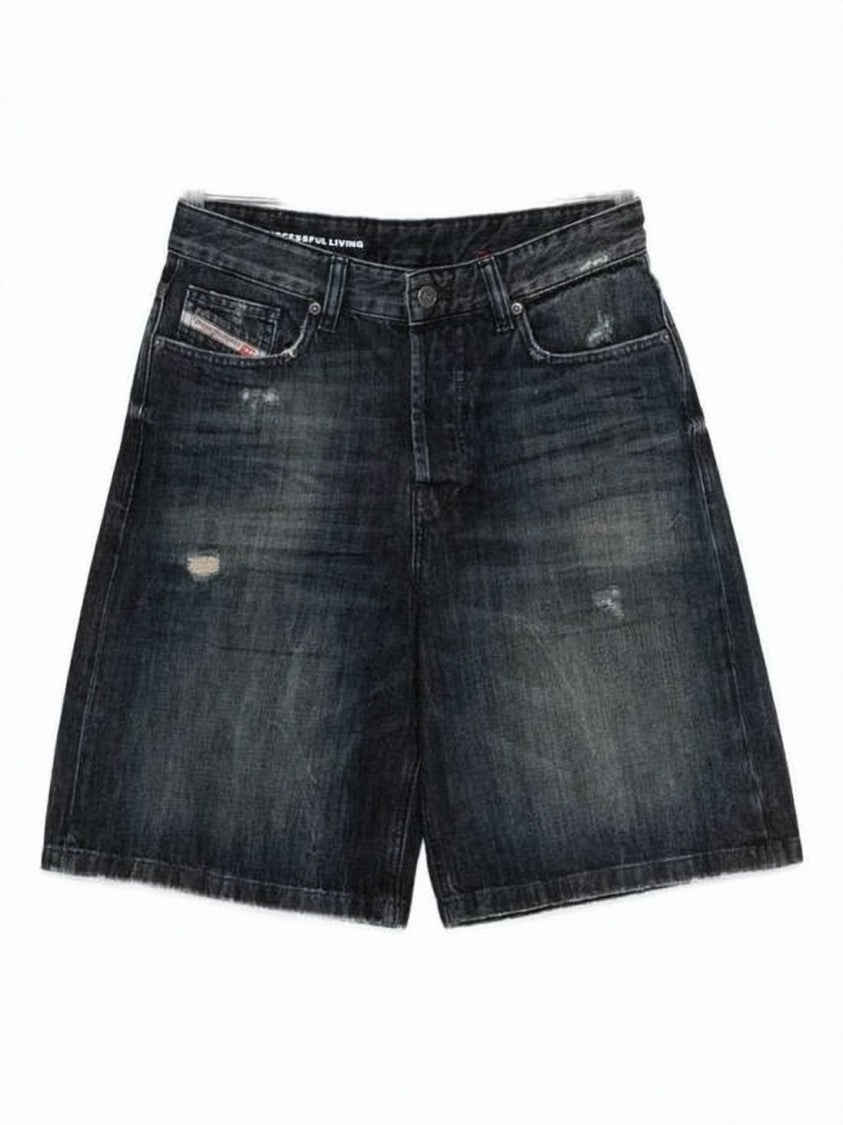 Diesel Faded Black Denim Shorts With Distressed Details