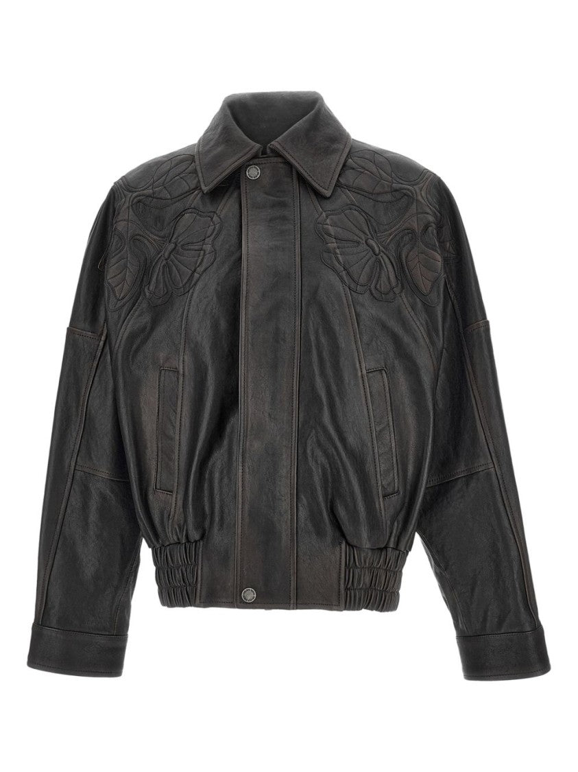 Golden Goose Brown Floral Embroidery Leather Leather Jacket
