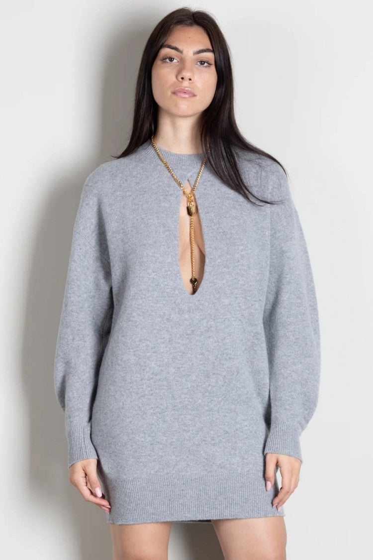 Elisabetta Franchi Grey Oversized Keyhole Chain Knit Mini Dress