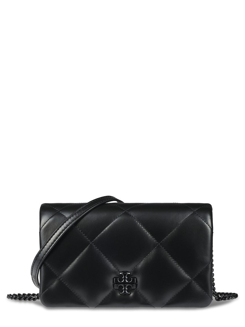 Tory Burch Diamond Quilted Black Chain Wallet With Powder Coating