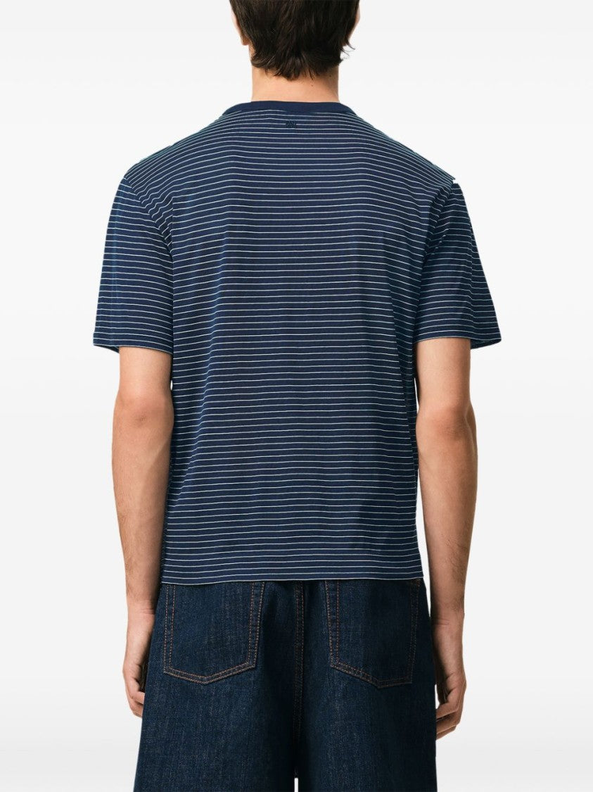 Ami Paris Ink Blue White Striped Embroidery T-Shirt