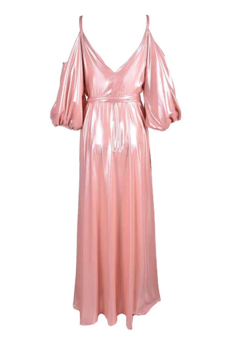 Access Fashion Maxi Dress With Puff Sleeves - Old Rose