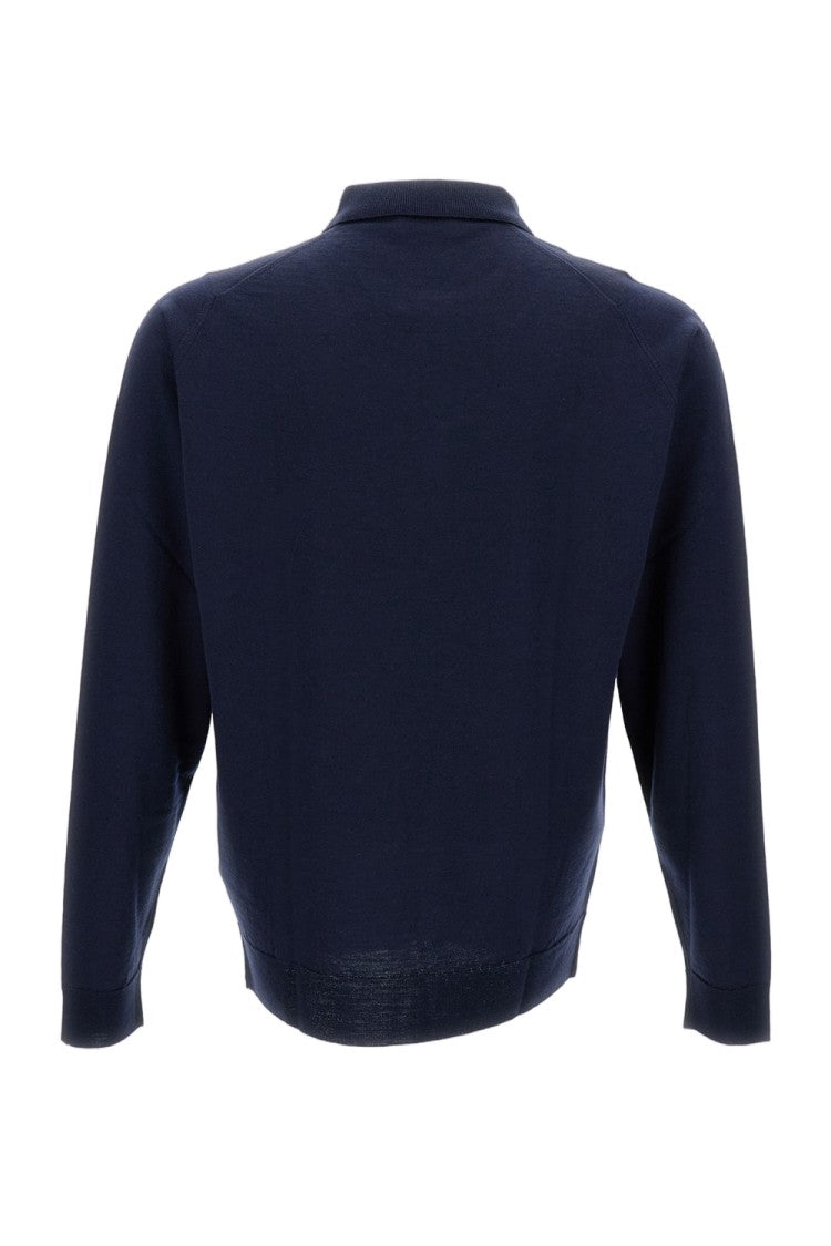 John Smedley Midnight Blue Long-Sleeved Polo Shirt In Extra-Fine Merino Wool