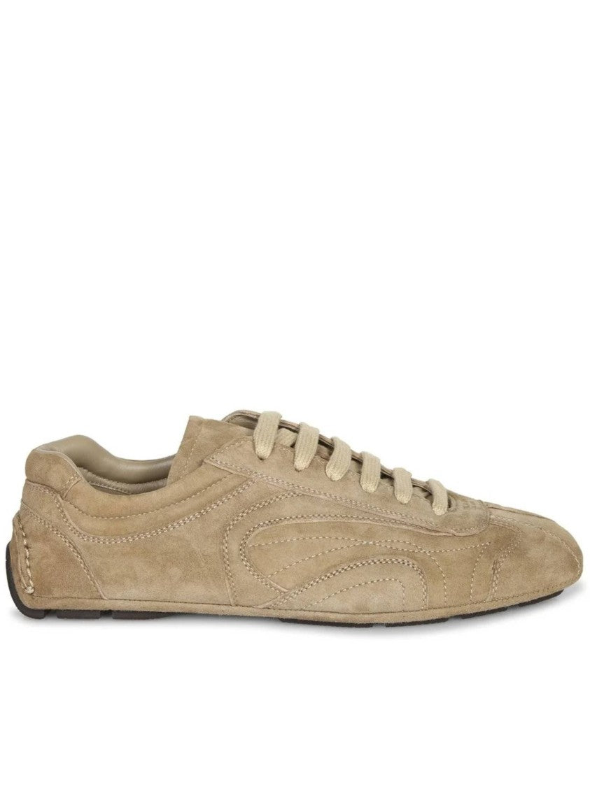 Prada Low-Profile Brown Suede Sneakers With Intricate Stitching
