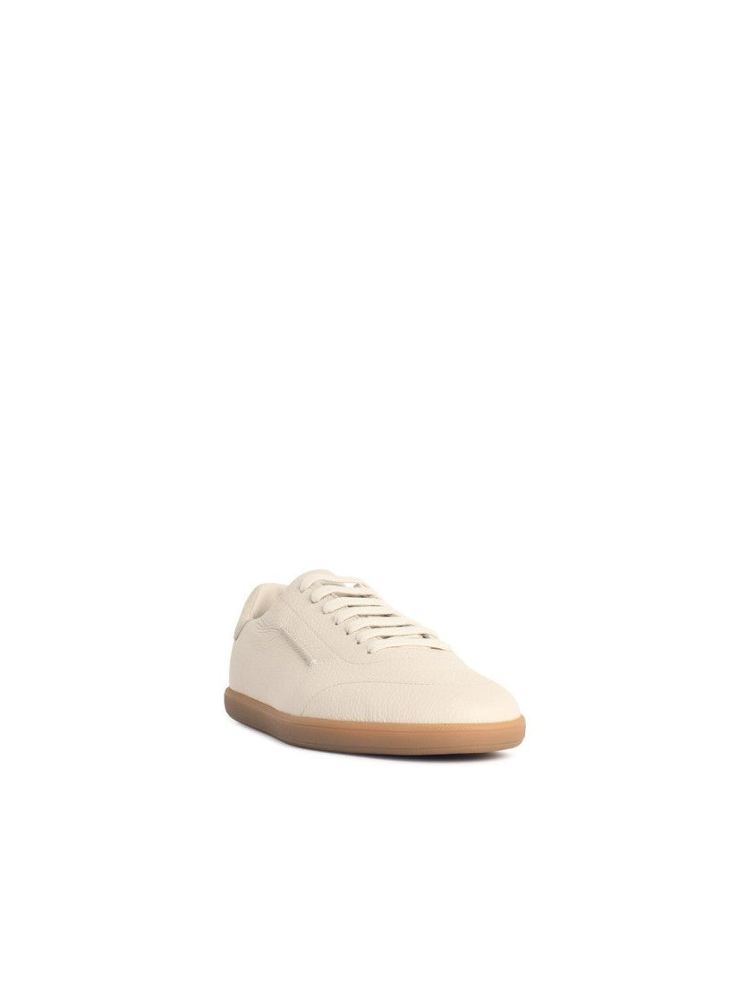 Zegna Beige Leather Sneakers With Embossed Details And Suede Heel
