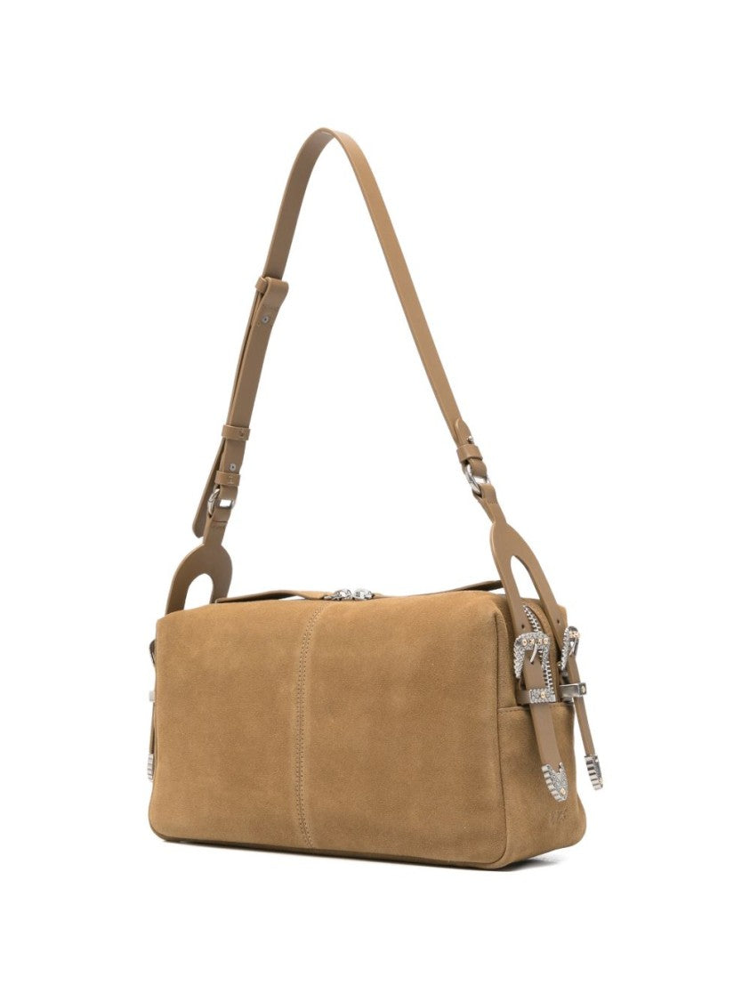 Pinko Tan Suede Buckle Shoulder Bag