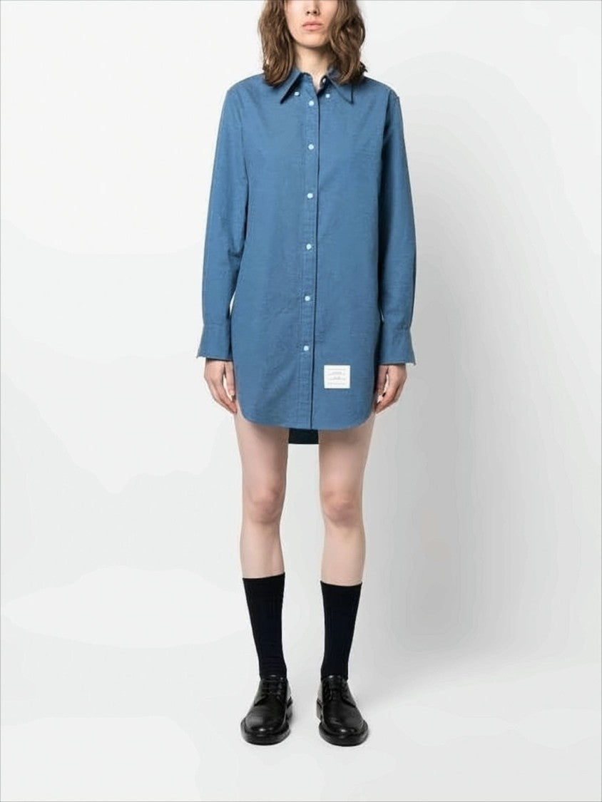 Thom Browne Button-Up Shirt In Textured Blue Cotton