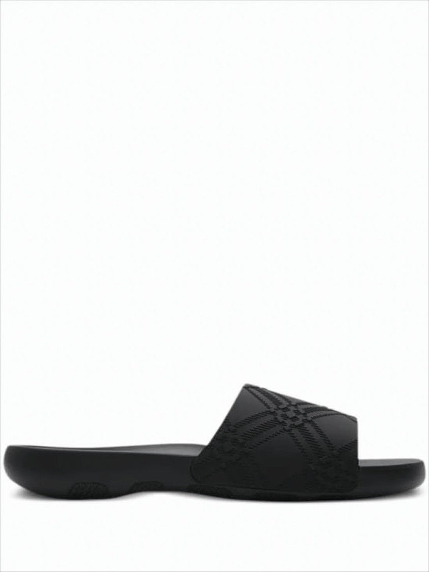 Burberry Textured Black Slide Sandals With Blue Emblem