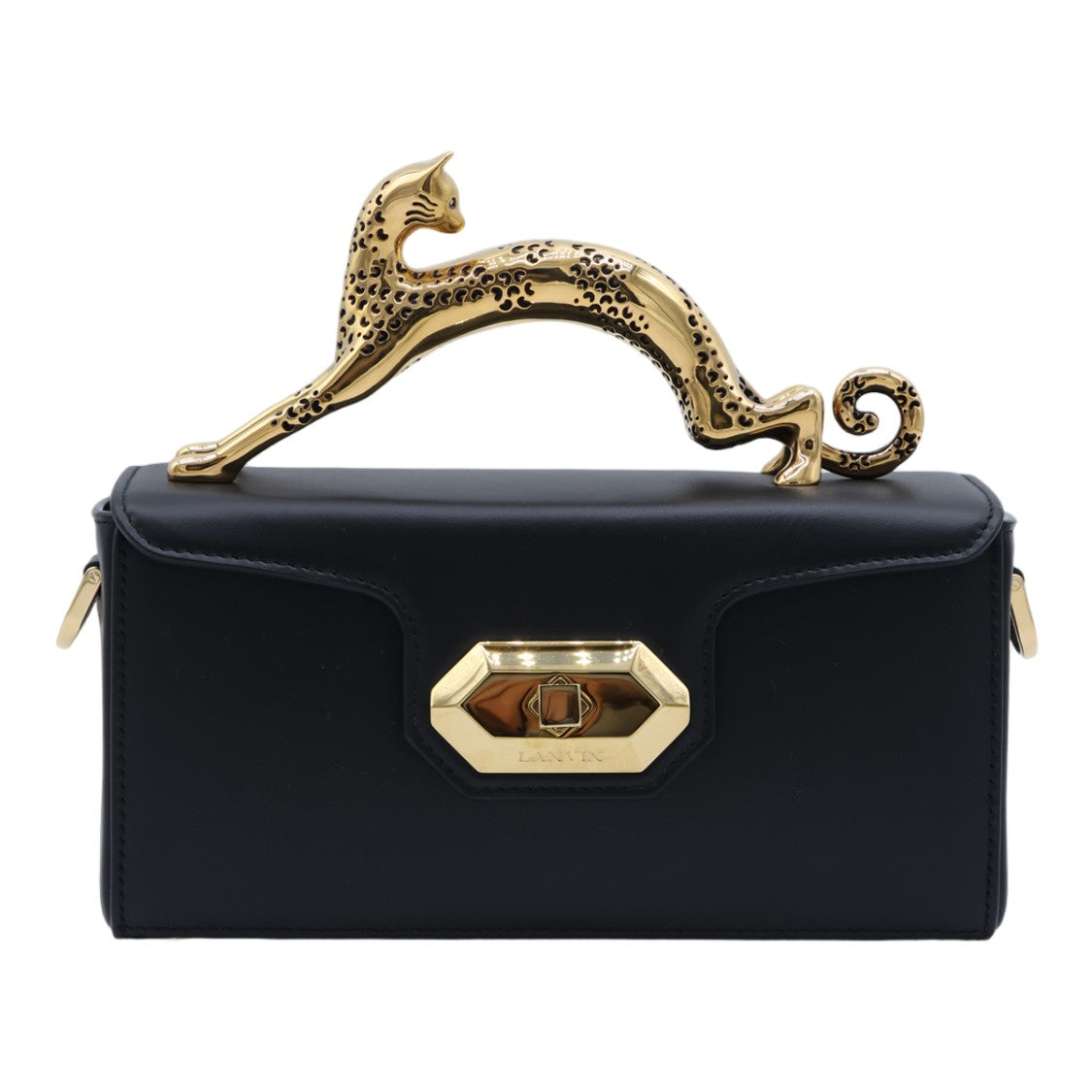 Lanvin Rectangular Black Bag With Leopard Handle And Geometric Clasp