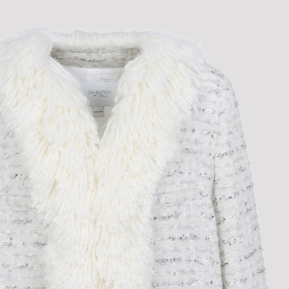 Giambattista Valli Textured White Wool Coat With Fur Trims