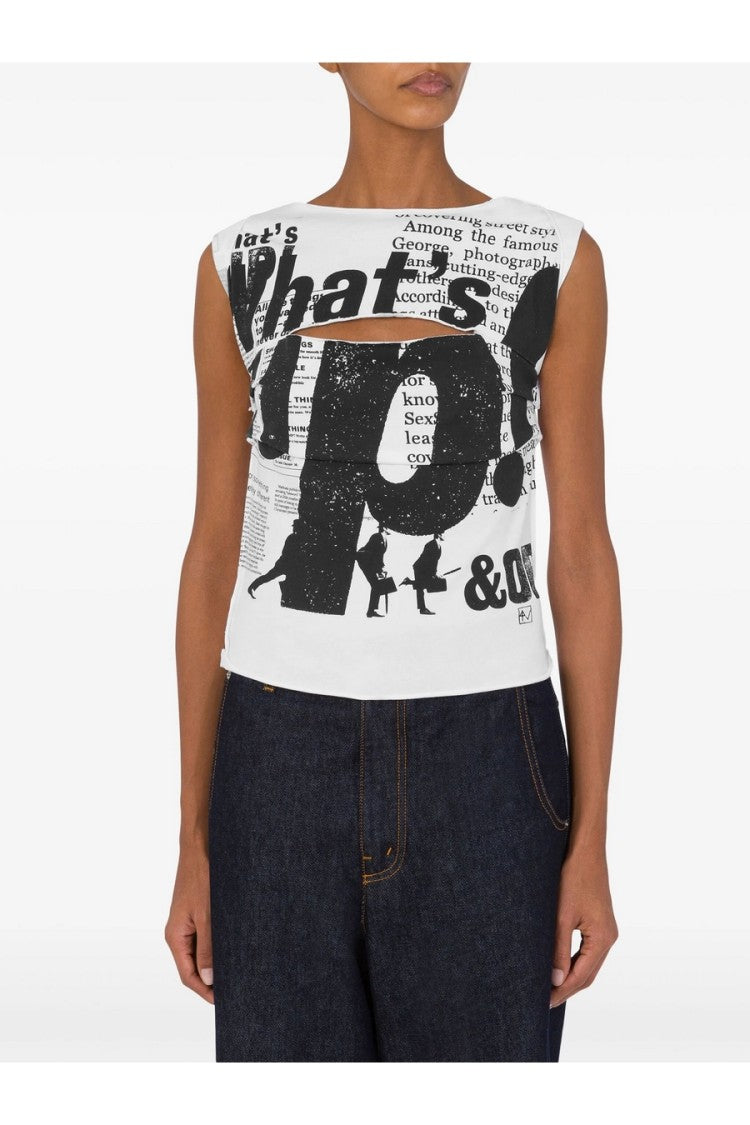 Moschino White Newspaper Print Sleeveless Cutout Tank Top
