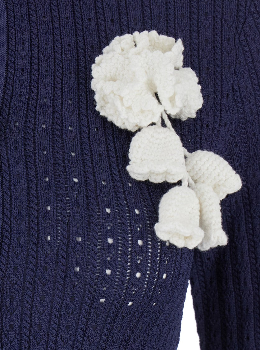 Self-Portrait Navy Pointelle Knit Crochet Flower Mini Dress
