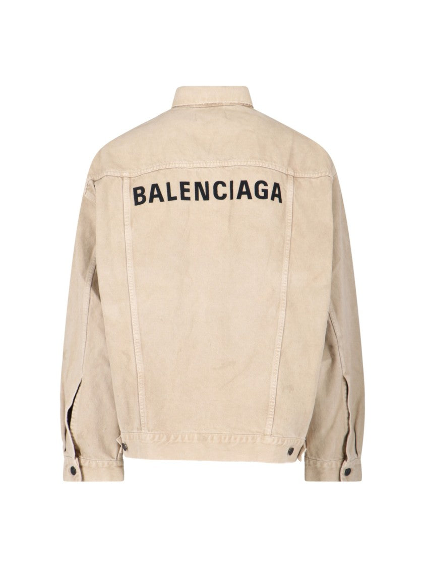 Balenciaga Beige Denim Jacket With Contrast Logo Embroidery