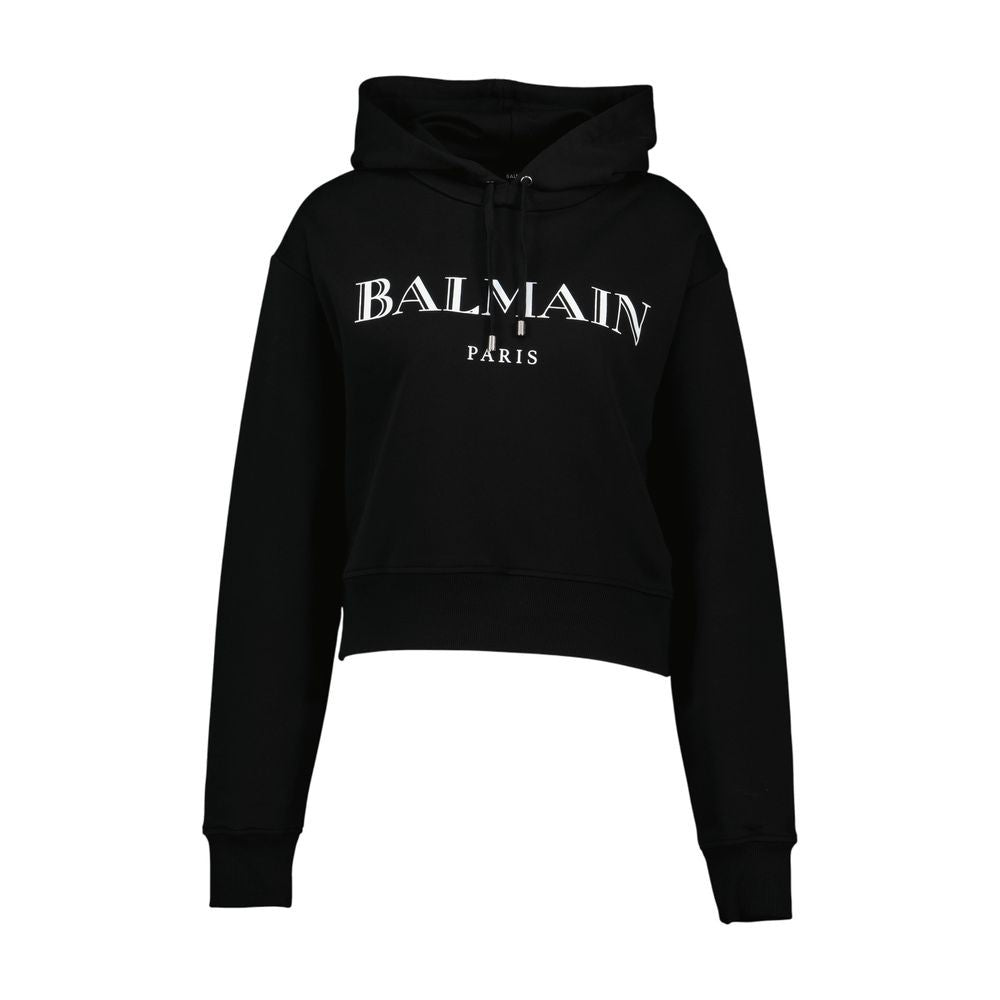 Balmain Cropped Vintage Print Hoodie With Drawstring