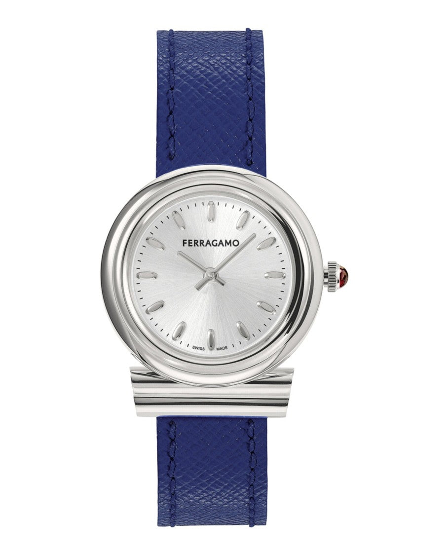 Ferragamo Gancini Leather Watch With Silver Sunray Dial