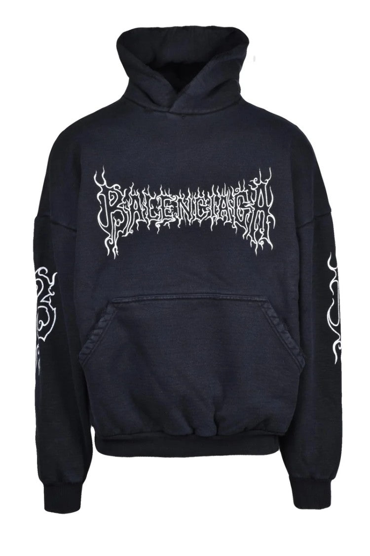Balenciaga Oversized Black Hoodie With Graphic Accents