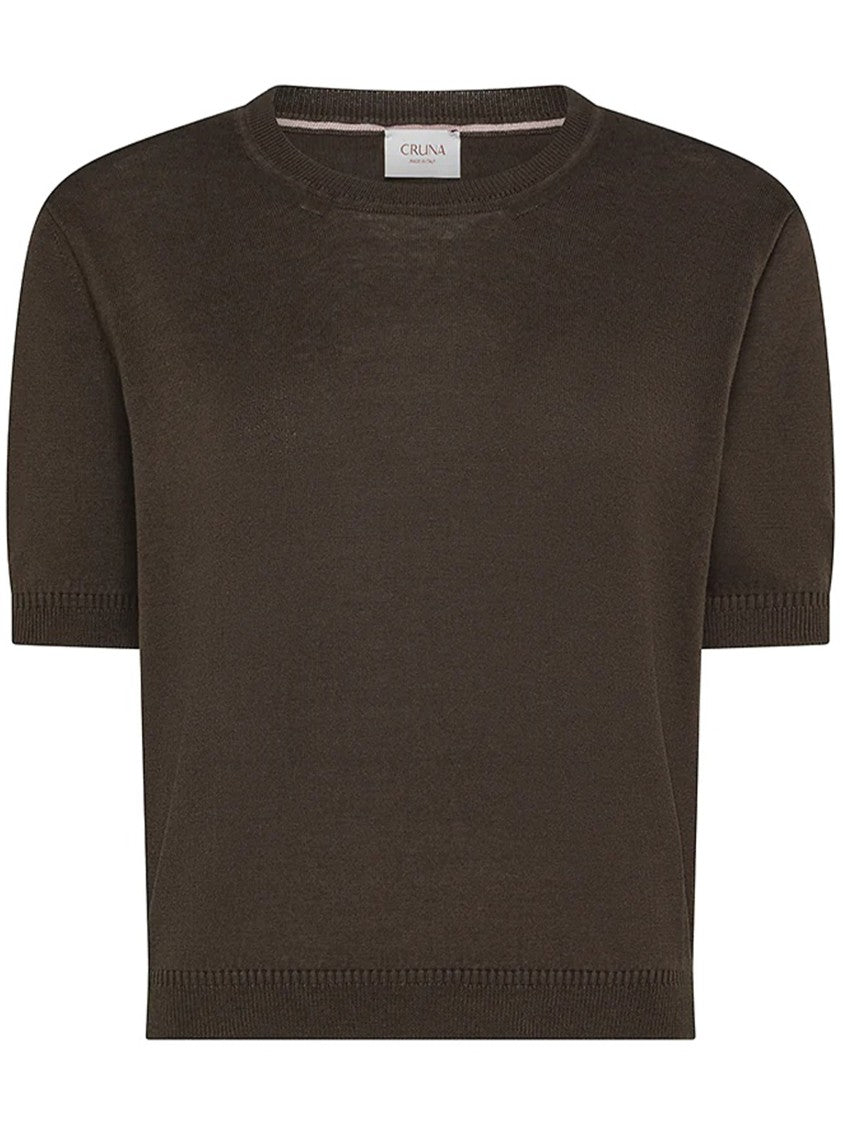 Cruna Cropped Brown Smooth Fabric Ribbed T-Shirt