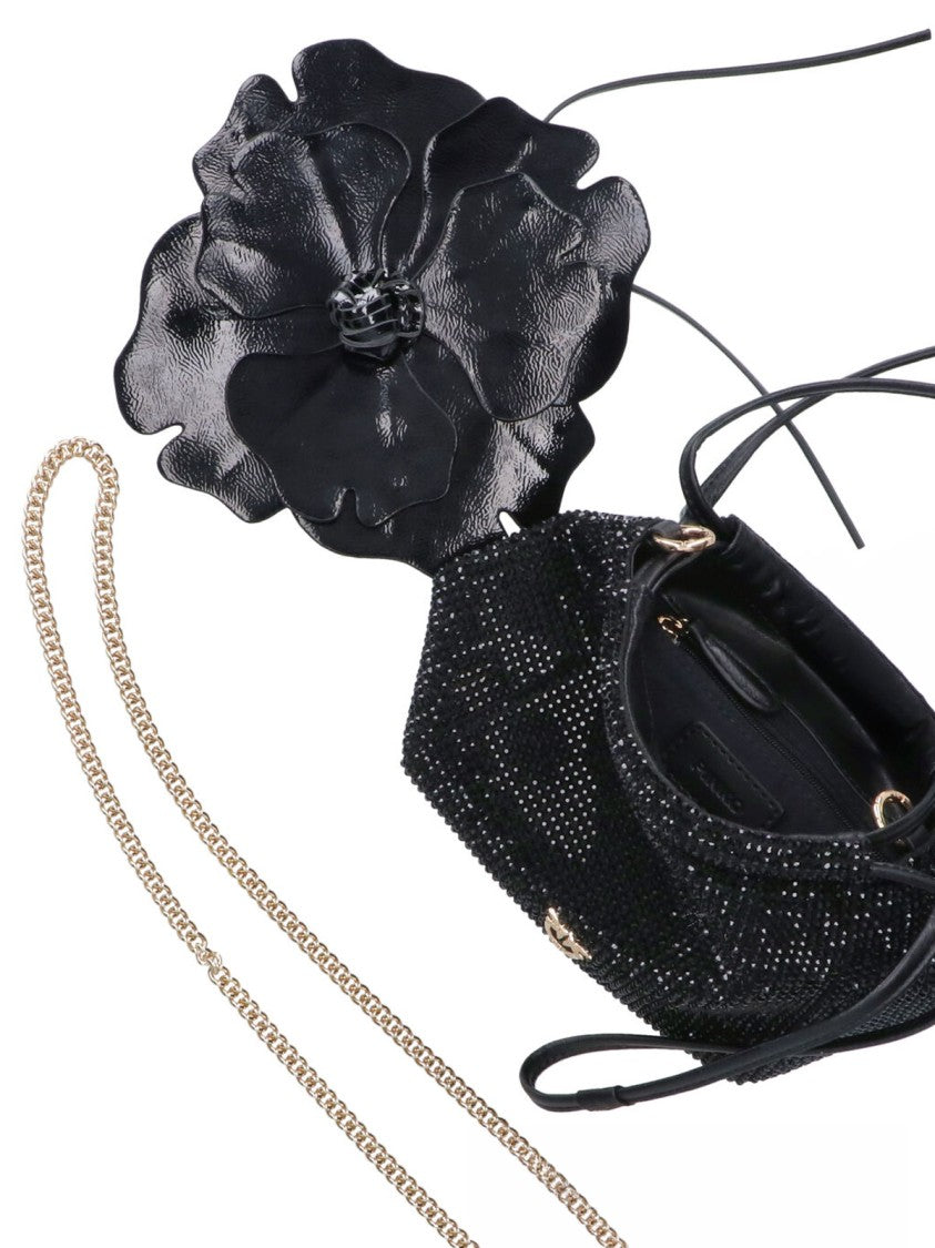 Pinko Black Rhinestone Flower Drawstring Fabric Clutch