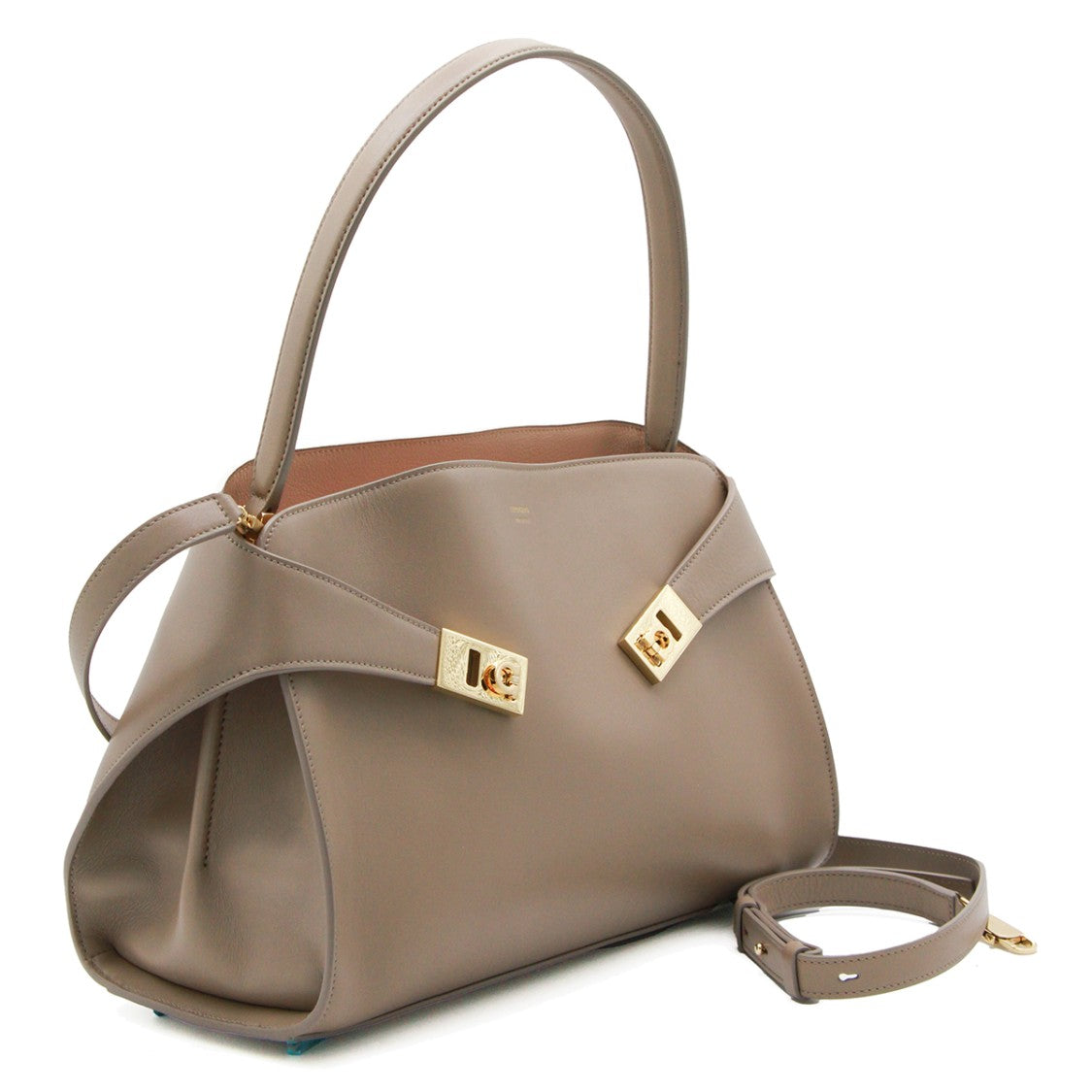 Ferragamo Structured Taupe Leather Handbag With Gold-Tone Clasp Details