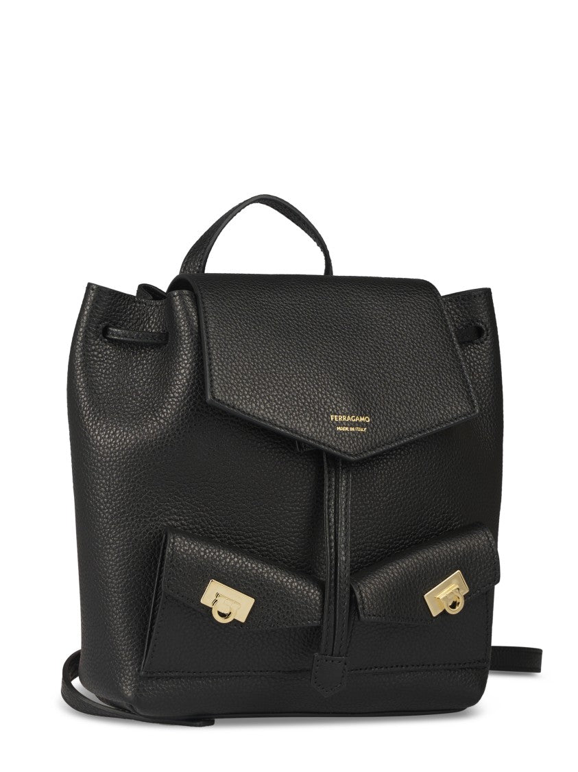 Ferragamo Structured Black Calfskin Backpack With Flap Closure